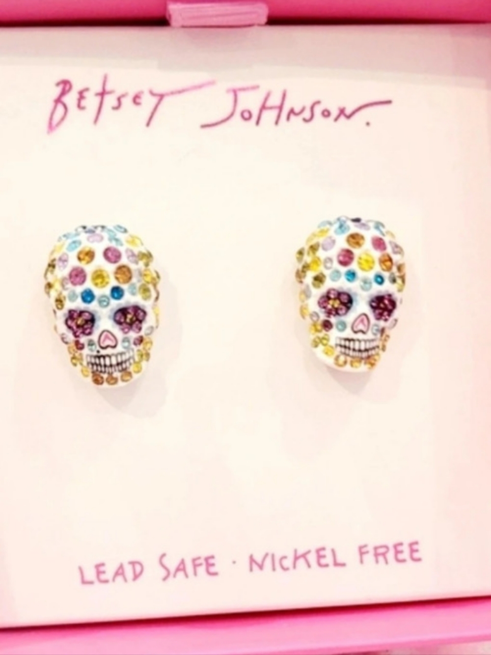 Betsey Johnson Pavé Sugar Skull Stud Earrings White & Multicolor